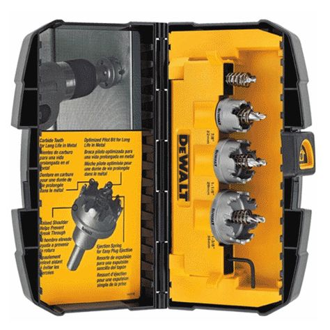 DeWalt DWACM1802 3 Pc. Metal Cut Carbide Holesaw Set - 7/8", 1-1/8", 1-3/8" Contractor Tools, Dewalt Tough System, Dewalt Drill, Workshop Tools, Hole Saws, Tool Storage Diy, Engineering Tools, Dewalt Power Tools, Dewalt Tools