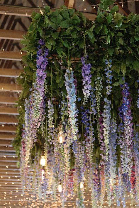 Hanging Lavender Wedding, Flower Prom Decorations, Pink Purple Decor, Lavender Wedding Walkway, Lavender Hanging From Ceiling, Hanging Delphinium Wedding, Blue Themed Tea Party, Wedding Blue And Purple Theme, Wisteria Ceiling Wedding