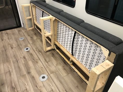 Toy Hauler/R.V. Makeover Sofa - Sawdust 2 Stitches Travel Trailer Bathroom, Camper Flip, Trailer Bathroom, Small Travel Trailer Remodel, Small Travel Trailer, Toy Hauler Rv, Toy Hauler Trailers, Toy Hauler Camper, Bathroom Toys