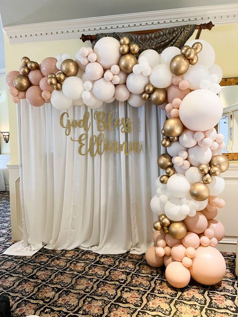 Pipe & Drape - Balloon Garland with Custom Draping Backdrop & Glitter Sign for Christening -  - beautiful creative event design inspiration - Pipe & Drape can be used to cover up a wall or as a backdrop to hang photos, themed signs or a name in balloons. The drape is freestanding on a base with poles so it will not interfere with your venues ceiling or walls. - Sheer Backdrop With Balloon Garland, Decorating Columns For Party, Tulle Backdrop With Balloons, Balloon And Curtain Backdrop, Christening Backdrop Girl, Balloon Arch Bridal, Draping Backdrop, Christening Backdrop, Balloon Arch Backdrop