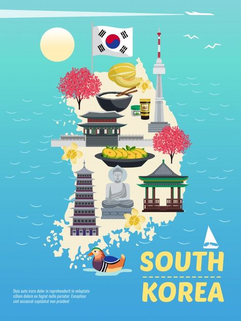 South korea tourism vertical poster comp... | Free Vector #Freepik #freevector #house #building #world #landscape Poster Composition, Island Silhouette, Korea Map, Autumn In Korea, Korea Południowa, Landmark Poster, Seoul Korea Travel, Korea Tourism, Tourism Poster