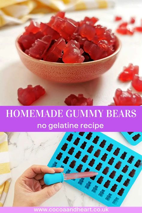 Vegan Gummy Bears Recipe (without gelatine) - Cocoa & Heart Easy Gummies Recipe, Gelatin Free Gummies, Gummy Bear Recipe With Gelatin, Vegan Gummies Recipe, Gummies Without Gelatin, Gummy Bears Recipe, Low Sugar Snack, Gummy Bear Recipe, Vegan Gummy Bears