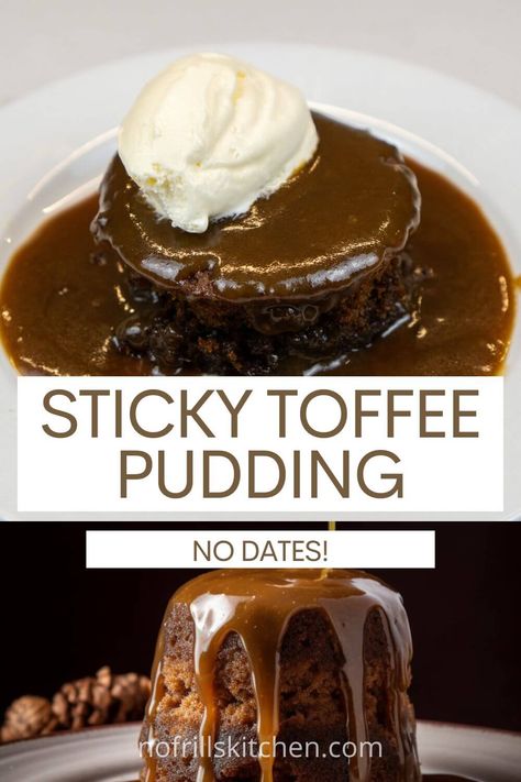 This sticky toffee pudding recipe is made without any dates. However, it is every bit as decadent as the traditional version and is super easy to make! Easy Sticky Toffee Pudding, Sticky Toffee Pudding Recipe, Toffee Pudding Recipe, Sticky Toffee Pudding Cake, Sticky Pudding, Sticky Date Pudding, Date Pudding, Toffee Sauce, Toffee Pudding