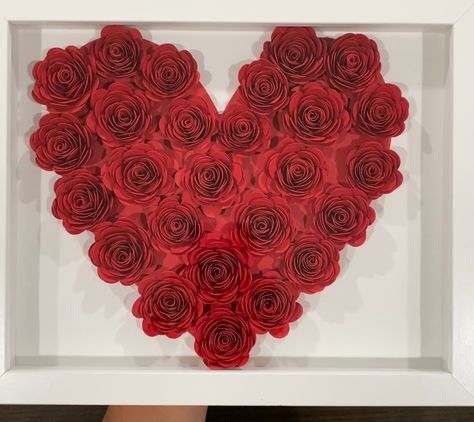 Beautiful paper flower shadow box, perfect for anniversary gifts,  birthdays and even decor! Each flower is individually hand-rolled with 65 lb cardstock paper.  Add your favourite quote to the heart! Customized vinyl lettering can be added to the glass of the frame or have as decoration that would fit right into your vanity! Vinyl color of your choosing with font of your preference! Picture posted is in an 8x10 white frame, with red colored paper flowers with a white  backdrop! Please do not hesitate to contact us with any questions or requests through messages! All ideas are welcome! Please Note: The seller is NOT responsible for lost/stolen items Colour Paper Flowers, Couples Birthday, Rose Shadow, Birthday Roses, Flower Shadow Box, Rose Arrangements, Paper Flowers Craft, Paper Rose, Box Paper