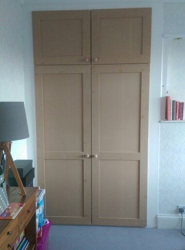 New shaker style wardrobe doors made from MDF by me www.ManCaveCreations.co.uk Mdf Cupboard Doors Design, Panelled Wardrobe Doors Built Ins, Mdf Cupboard Doors, Diy Mdf Wardrobe, Shaker Style Wardrobe, Mdf Wardrobe Doors, Cupboard Door Design, Mdf Wardrobe, Built In Wardrobe Doors