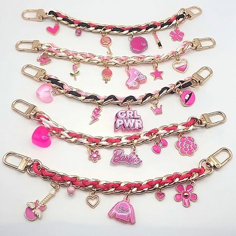 Custom Barbie Charm Bracelets Made With Authentic Barbie And Some Unbranded Charms Can Be Worn As Bracelets, Bag Charms, Or Keychains 1. Rock N' Roll Barbie Bracelet Features Authentic Mattel Barbie Jacket Charm Along With 5 Unbranded Pink And Gold Charms. 2. Barbie World Bracelet Features Authentic Mattel Barbie Logo Charm And 4 Unbranded Charms 3. Roller Babe Barbie Bracelet Features Authentic Mattel Barbie Rollerblade Charm And 5 Other Charms 4. Barbie Girl Power Bracelet Features Authentic M Barbie Rollerblade, Bracelets Bag, Barbie Bracelet, Barbie Jacket, Barbie Jewelry, Custom Barbie, Power Bracelet, Barbie Logo, Junk Jewelry