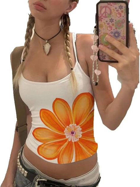 Y2k Women Floral Print Tank Top Aesthetic Graphic Sleeveless Spheghetti Strap Cami Shirt Vintage Going Out Crop Tops (Yellow, S) at Amazon Women’s Clothing store Aesthetic Tank Tops, Tank Top Aesthetic, Going Out Crop Tops, Top Aesthetic, Tøp Aesthetic, Y2k Women, Cami Shirt, Print Tank Top, Print Tank