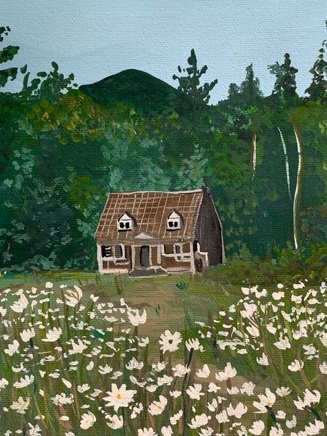 Cottage Core Animal Drawing, Cottagecore House Painting, Cottage Core Landscape Painting, Garden Painting Ideas Canvas Easy, Simple Cottagecore Painting, Simple Cottage Painting, Country Landscape Drawing, Cottage Core Doodles Easy, Cottagecore House Drawing