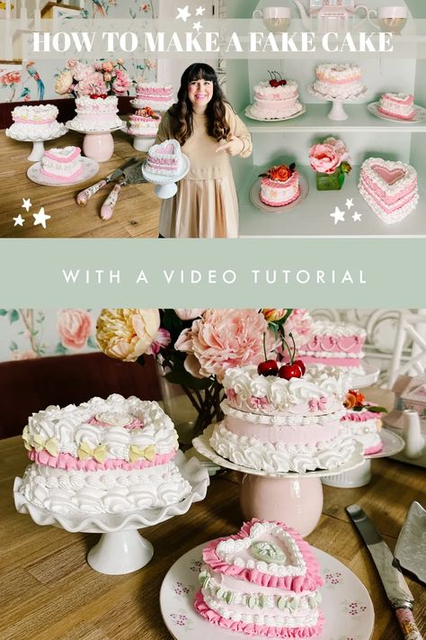 How to make a fake cake- a DIY prop made from a jewelry box to look like a vintage cake. This artificial or faux dessert can be made of styrofoam or cardboard. A tutorial for how to decorate with piping tips, ideas on cute cakes, and which spackle to use for frosting. Diy Dessert Decorations, Using Spackle For Crafts, Diy Fake Icing, Fake Cake Frosting Diy, How To Make Fake Cakes For Display, Foam Cake Decoration, Diy Cake Mirror, Fake Cake Tutorial, Faux Birthday Cake Diy