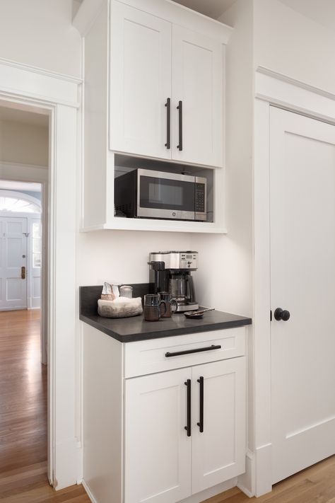 Side Of Fridge Coffee Bar, Coffee Nook With Microwave, Coffee Maker In Pantry Cabinet, Kitchen Nook Pantry, Black Coffee Nook, Minimalist Shaker Kitchen, Coffee Bar In Bay Window, Kitchenette Coffee Bar, Microwave Above Coffee Bar