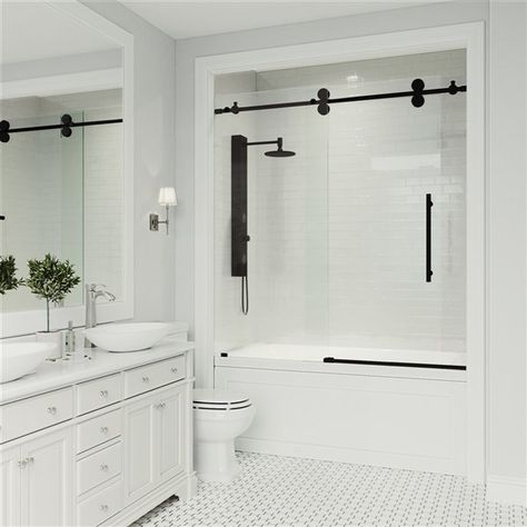 Black Bathtub, Tub Door, Interior Simple, Bathtub Doors, Interior Vintage, Interior Minimalista, Tub Doors, Steam Showers Bathroom, Sliding Shower Door