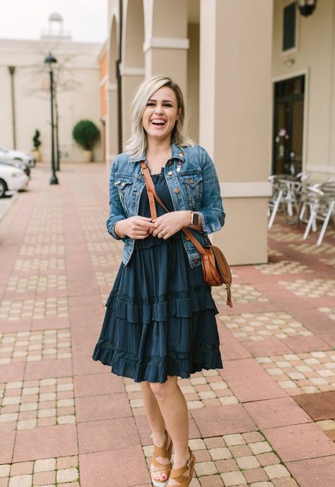 Spring Outfit | All Blue outfit | Spring Dress | Denim Jacket outfit | Maternity outfit | Uptown with Elly Brown Chic Style Inspiration, Jaket Denim, Look Boho Chic, Cute Thanksgiving Outfits, Thanksgiving Outfit Ideas, Jacket Outfit Women, Western Wear Outfits, Denim Jacket Outfit, Gaun Fashion