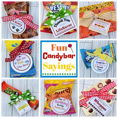 Pun Candy Gifts, Marketing Candy Ideas, Motivational Candy Puns, Thank You Notes With Candy, Game Day Candy Sayings, Fun Thank You Gifts, Thank You Candy Sayings, Take 5 Candy Bar Sayings, Snacks With Cute Sayings Gift Ideas