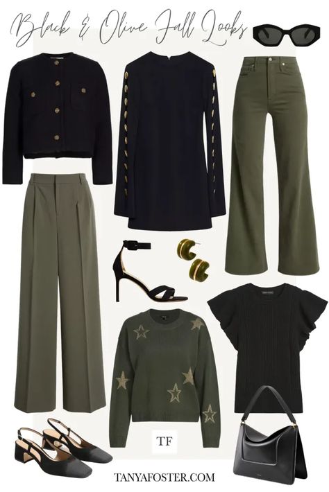 Black And Olive Green Outfit, Olive Green And Black Outfit, Fall Color Trend, Stylish Outfits Casual, Asymmetrical Midi Skirt, Sweater Outfits Fall, Chic Winter Outfits, Outfits Classy, Fall Denim