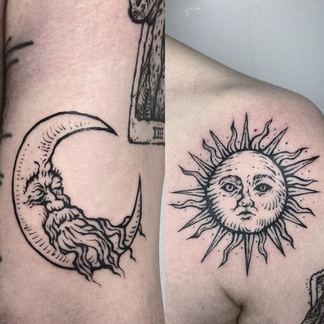 Moon Sun Tattoo, Etching Tattoo, Woodcut Tattoo, Tattoo Moon, Medieval Tattoo, Engraving Tattoo, Jewelry Tattoo, Sun Tattoo, Moon Sun