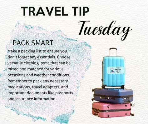 Welcome to Travel Tip Tuesday! 🌍✈️ Every Tuesday, we'll be sharing insightful tips, tricks, and advice to make your travel experiences smoother, more enjoyable, and hassle-free. Whether you're a seasoned globetrotter or a first-time explorer, stay tuned for valuable insights to enhance your journeys! #PackYourBagsAndCarryOn #TravelTipTuesday #TravelSmart Travel Tip Tuesday, Travel Advisor, Tip Tuesday, Packing Lists, Every Tuesday, Travel Adapter, Pack Your Bags, Tips Tricks, Travel Agent