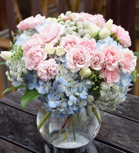 Peony And Hydrangea Arrangement, Blue And Pink Flower Arrangements, Wedding Table Floral Arrangements, Blue Hydrangea Centerpieces, Blue Flower Arrangements, Baby Blue Weddings, Pink Flower Arrangements, Pink Centerpieces, Blue Centerpieces