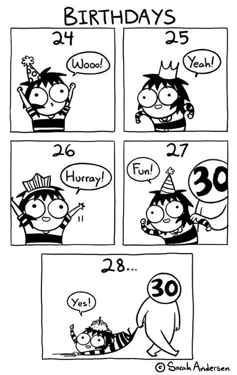 Birthdays - image Saras Scribbles, Sarah Anderson Comics, Sarah's Scribbles, Sarah Andersen, The Awkward Yeti, Life Comics, Funny Comic Strips, Birthday Pictures, Komik Internet Fenomenleri