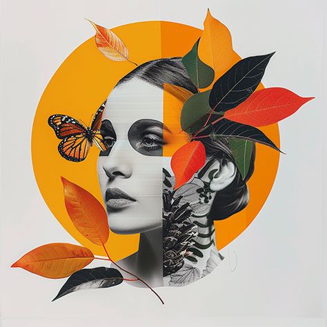 Artistic portrait collage featuring a monochrome face with vibrant butterfly and colorful leaves, symbolizing harmony and creativity.  #ArtsyAF #SurrealVibes #QuirkyArt #CollageMagic #OrangeSlicePortrait #FlowerPower #ProfilePicGoals #ArtisticVision #PinterestInspo #CreativeCollage #collage Portrait Collage Art, Surrealistic Collage, Random Trinkets, Surrealist Collage, Contemporary Collage, Portrait Collage, Face Collage, Artistic Portrait, Vibrant Butterfly