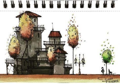 Paul Jefferson G. Pamani on Instagram: "Unsa man, Prosecco" Martin Lachmair Art, Sketching Color, Watercolor Architecture, Ink Watercolor, Watercolor Ink, Watercolor Wash, Pen Ink, Watercolor And Ink, Cottage Style