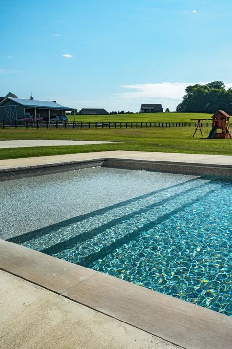 Murfreesboro Pool Photos | Nolensville Custom Pool Builder Straight Line Pool Designs, Tanning Deck In Pool, Backyard Deck And Pool Ideas, Large Rectangle Pool, Fiberglass Pool With Waterfall, 30x15 Pool, Stamped Concrete Around Pool Ideas, Pool With Grass Around It, Hampton Style Pool