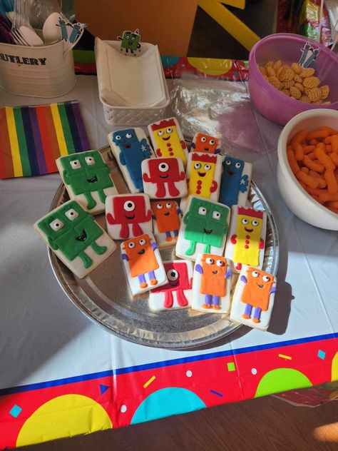 Numberblock Birthday Theme, Number Blocks Cookies, Number Blocks Theme Party, Number Blocks Birthday Party, Numbers Birthday Party, Block Birthday Party, Number Blocks, 5th Birthday Cake, Cutout Cookies