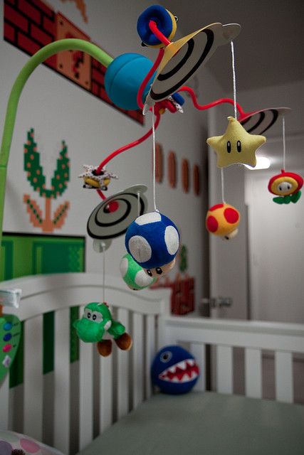 Mario nursery-- just need to have a boy now Super Mario Nursery, Mario Nursery, Deco Gamer, Crib Mobiles, Baby Room Themes, Baby Mine, Mario Bros., The Ceiling, Trendy Baby