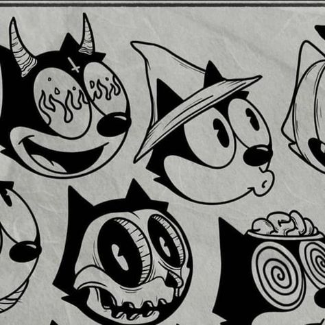 Bonnie Pellegrini on Instagram: "Made some halloween felix heads cause who wouldnt want one 🎃 . . . . #tattooflash #halloweenflash #halloweentattoo #felixthecat #felixthecattattoo #tattooapprentice" Felix The Cat Drawing, Rubberhose Halloween, Felix Cat Tattoo, Felix The Cat Art, Felix The Cat Tattoo, Vintage Halloween Tattoos, Felix Tattoo, Felix Cat, Sailor Jerry Tattoos