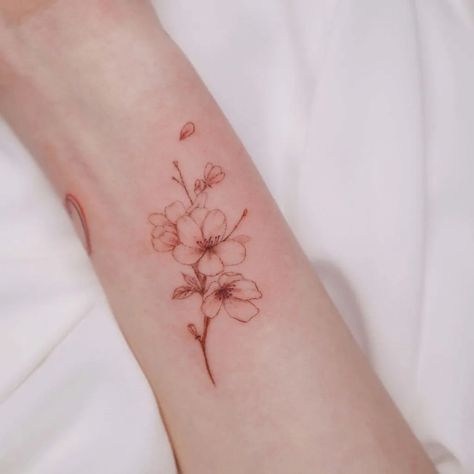 15 of the best nature tattoo ideas for your girly tattoo era 3 Red Cherry Blossom Tattoo, Orchid Tattoo Ideas, Orchid Flower Tattoos, Realistic Flower Tattoo, Sakura Tattoo, 16 Tattoo, Lily Flower Tattoos, Orchid Tattoo, Poppies Tattoo