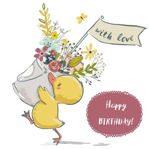 Duck With Flower, Happy Birthday Painting, Yellow Duckling, Happy Birthday Wishes Pics, Cute Birthday Wishes, Happy Birthday Illustration, Birthday Wishes Pics, Birthday Doodle, Sisterly Love