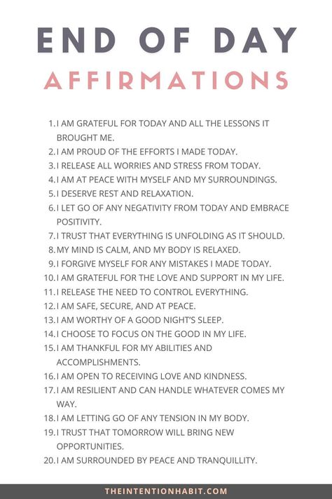 30 Positive End Of Day Affirmations For Your Night-Time Routine 2 Daily Night Affirmations, Night Time Gratitude Journal, Night Time Gratitude Affirmations, Sunday Night Affirmations, Evening Affirmations Law Of Attraction, Positive Night Affirmations, Night Time Manifestation Affirmations, Affirmations Night Routine, Night Manifestation