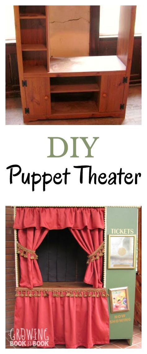 Create your own puppet theater with this DIY project. Turn an old tv stand into your very own puppet theater. Puppet ideas are also included. Check out all the details how to transform it. Diy Puppet Theater Curtains, Puppet Storage Ideas, Diy Puppet Theater Wood, Diy Puppet Theater, Old Tv Cabinet, Doorway Puppet Theater, Old Tv Stand, Puppet Stand, Diy Puppet