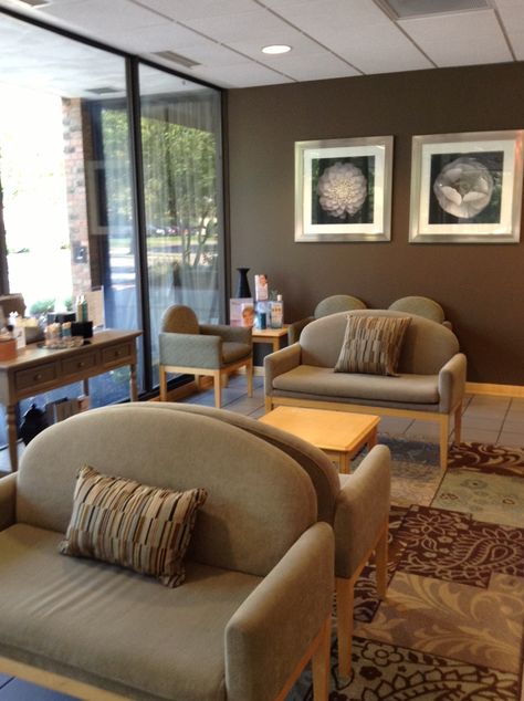 waiting room with chocolate walls - lots of natural light helps! Earthy Waiting Room, Waiting Room Decor, Chocolate Walls, Future Office, Dental Office Decor, Salon Suites Decor, Doctors Office, Office Remodel, Salon Suites