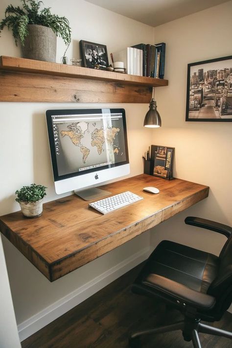 "Maximize your workspace with a DIY Floating Desk! 🛠️💻 Perfect for creating a sleek, modern desk that saves space and adds style. 🌟✨ #FloatingDesk #DIYProjects #WorkspaceDesign" Bachelor Living Room, Rustic Home Office Ideas, Diy Floating Desk, Floating Desks, Rustic Home Office, Office Guest Bedroom, Home Office Closet, Rustic Home Offices, Tiny Office