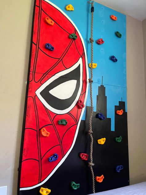 DIY rock climbing wall for kids spiderman Diy Rock Wall For Kids, Rock Climbing Wall For Kids, Diy Rock Wall, Marvel Boys Bedroom, Diy Rock Climbing Wall, Spiderman Room Ideas, Design A Superhero, Climbing Wall For Kids, Spiderman Room Decor