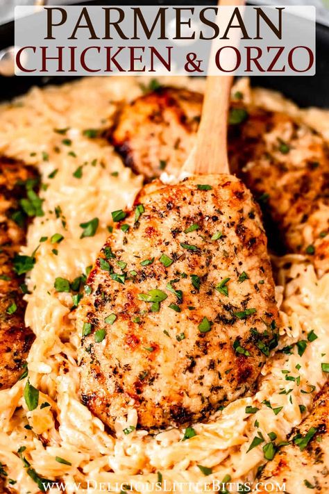 Creamy Parmesan Chicken Orzo Skillet is a rich, comfort food meal that's easy to make any night of the week. Juicy chicken and creamy, savory Parmesan orzo pasta combine deliciously in this skillet recipe. This versatile dish can be served with a side of veggies, or you can mix in a variety of vegetables, like steamed broccoli or fresh spinach, to make it a one-pan meal. Orzo Skillet Recipes, Parmesan Chicken Orzo, Chicken Orzo Skillet, Parmesan Orzo Pasta, Orzo Recipes Healthy, Creamy Orzo Recipes, Steam Chicken Recipe, Chicken Orzo Pasta, Orzo Skillet