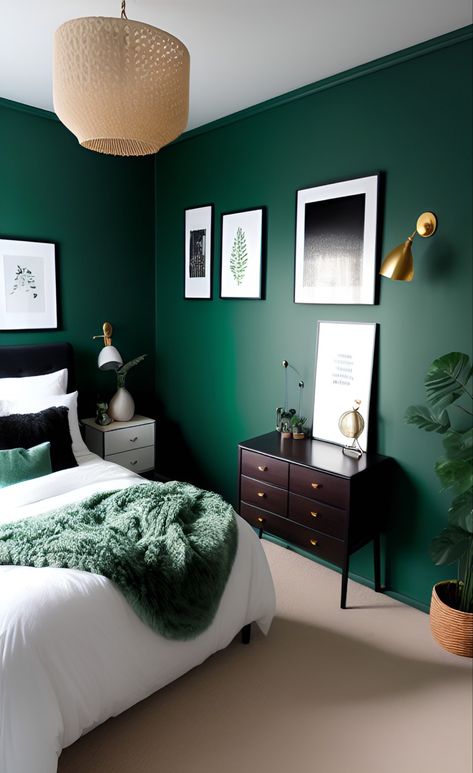 Dark Green Bedding, Dark Green Interior, Green Room Ideas Bedroom, Emerald Green Bedrooms, Green Bedroom Walls, Green Bedroom Design, Green Bedroom Decor, House Interior Decor Ideas, Green Interior