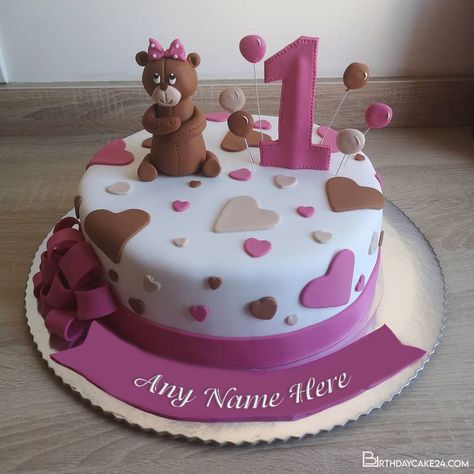 Lovely Bear 1 Year Old Birthday Cake With Name Editing For Baby Girl Birthday Cakes For Baby Girls 1st, 1 St Birthday Cake Girl Year Old Ideas, Cake Designs For Girl 1year, Cake For One Year Old Girl, One Year Birthday Cake Girl, Cake For Baby Girl 1 Year, Birthday Cake For 1 Year Girl, Cake For 1 Year Girl, Baby First Birthday Cake Girl