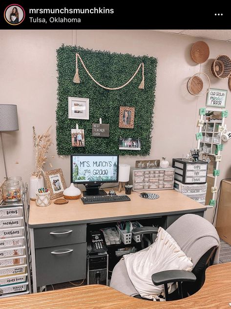 Mauve Classroom Decor, Grass Wall Backdrop Classroom, Classroom Refrigerator Area, Grass Wall Bulletin Board, Middle School Office Decorating Ideas, Boho School Office, School Counselor Office Aesthetic, Middle School Counselor Office Setup, Teacher Corner Desk Classroom Setup