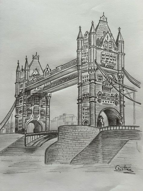 London - Tower Bridge — Drawing - pencil sketch - A place I ... 🧡💙💛💜 ...!!! Drawing Of London, Bridge Drawing Sketches, London Drawing Sketches, Tower Bridge Drawing, London Bridge Drawing, Big Ben Sketch, Rome Sketch, Landmark Drawing, Big Ben Drawing