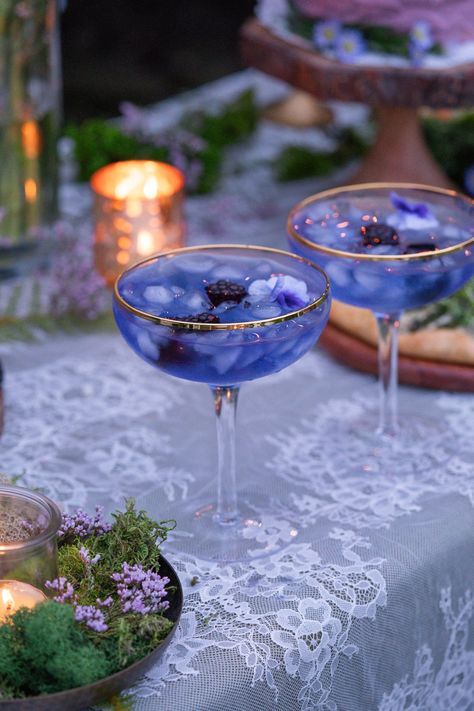 Jump to Recipe Elegant Drinks Aesthetic, Witchy Tea Party Food, Mid Summer Nights Dream Party Food, Self Care Mocktails, Midnight Tea Party, Cottage Core Cocktails, Blue Tea Recipe, Floral Mock Tails, Enchanted Forest Cocktails