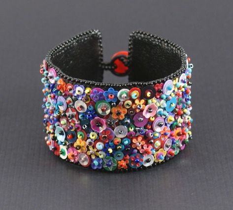 Fabric Cuff Bracelet, Embroidered Cuffs, Sequin Crafts, Embroidered Bracelet, Colorful Bracelet, Fabric Bracelets, Fiber Jewelry, Craft Show, Button Ring