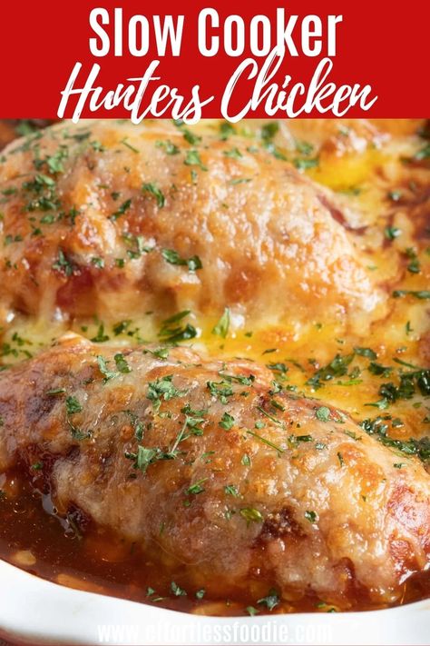 A fuss-free and tasty slow cooker hunters chicken recipe! A British pub classic which you can easily make at home. Irish Chicken Recipes, Hunters Chicken Recipe, Irish Chicken, Hunters Chicken, Bbq Sauce Ingredients, Vegan Slow Cooker Recipes, Vegetarian Slow Cooker Recipes, Vegan Slow Cooker, Cooked Chicken Recipes