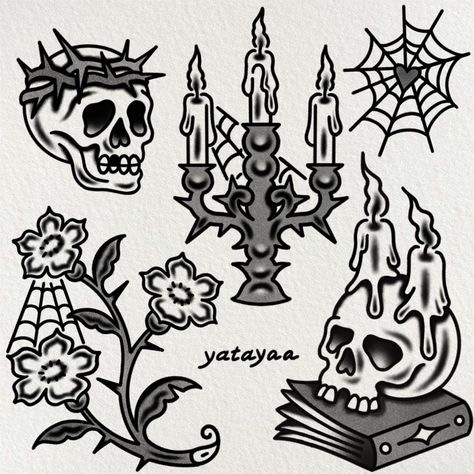 Spooky season | gothic traditional tattoo Horror Traditional Tattoo Flash, American Traditional Small Flash, Mouse Tattoo Traditional, Vampire Themed Tattoos, Cat American Traditional Tattoo, Spooky Filler Tattoo, Trad American Tattoo, Mini Traditional Tattoo, American Traditional Gothic Tattoos