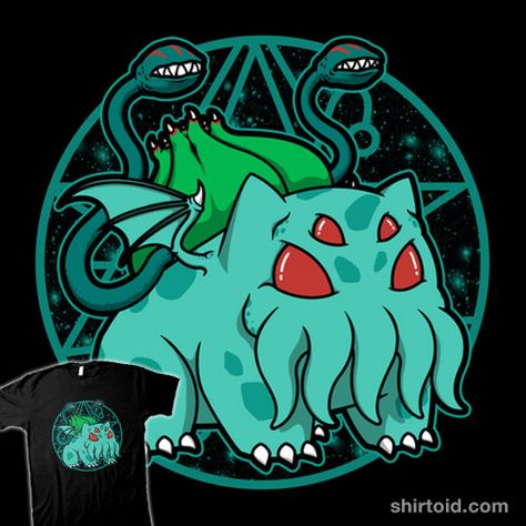 Bulbathulhu | Shirtoid #bulbasaur #cthulhu #gaming #hplovecraft #horror #pigboom #videogame Pokemon Window Art, Bulbasaur Cricut, Thule Society Art, Zatch Bell Wallpaper, Monster Tentacles, Kawaii Monster, Lovecraft Cthulhu, Pokemon Tattoo, Cosmic Horror