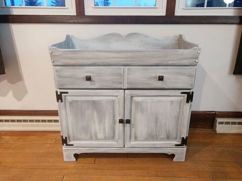 Antique Dry Sink, Bathroom Sink Diy, Bathroom Sink Organization, Painted China Cabinets, Sink Organization, Linen Closets, Dry Sink, Diy Toilet, Cabinet Makeover