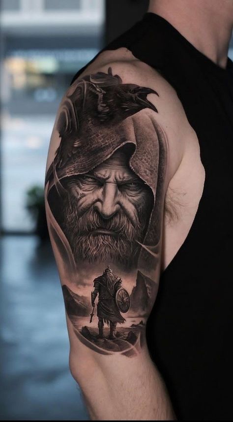 Odin Tattoo Design, Odin Tattoos, Tattoo Odin, Odin Tattoo, Rabe Tattoo, Viking Warrior Tattoos, 30 Tattoo, Viking Tattoo Sleeve, Best Leg Tattoos