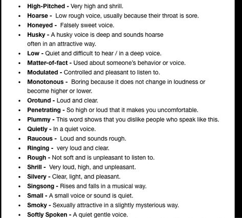 Words to Describe Someone's Voice - 2 Character Tone Of Voice, Words That Describe Someone's Voice, Voice Tones In Writing, Ways To Describe Voices In Writing, Words To Describe Tone Of Voice, Words To Describe Appearance, Describe Voice Tone, How To Describe Someone's Voice, How To Describe Voices