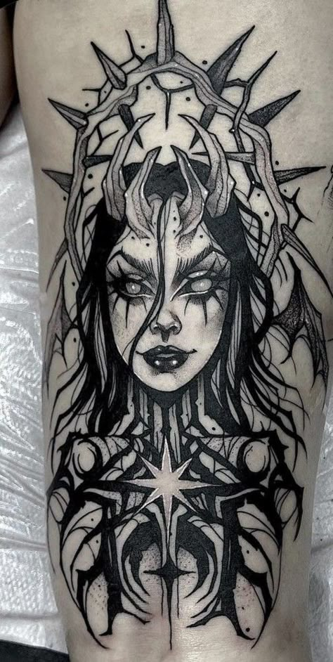 Demon Hand Tattoo Design, Demon Goddess Tattoo, Hecate Back Tattoo, Gothic Woman Tattoo Design, Black Goth Tattoo, Tattoo Of Female Face, Women Faces Tattoos, Goth Woman Tattoo, Gothic Medusa Tattoo