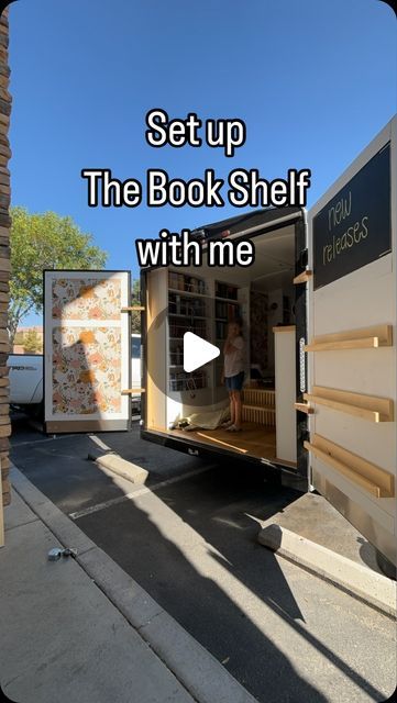 The Book Shelf on Instagram: "If only it was this fast! Have you ever wondered how we get ready for events?   Any questions about our set up? Let me know!   #thebookshelf #thebookshelfvegas #mobilebookstore #bookstore #lasvegasbookstores #independentbookstore #travelingbookstore #bookstoresetup #settingup" Library Shop Design, Mobile Bookstore Pop Up, Book Trailer Project, Bookstore Pop Up Booth, Bookstore On Wheels, Pop Up Shop Book Display Ideas, Bookstore Trailer, Trailer Bookstore, Bookmobile Interior